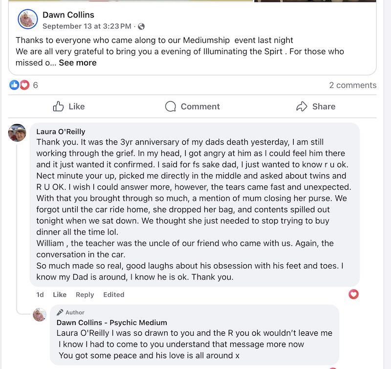 Dawn Collins - Review of Mediumship event Sept 2025